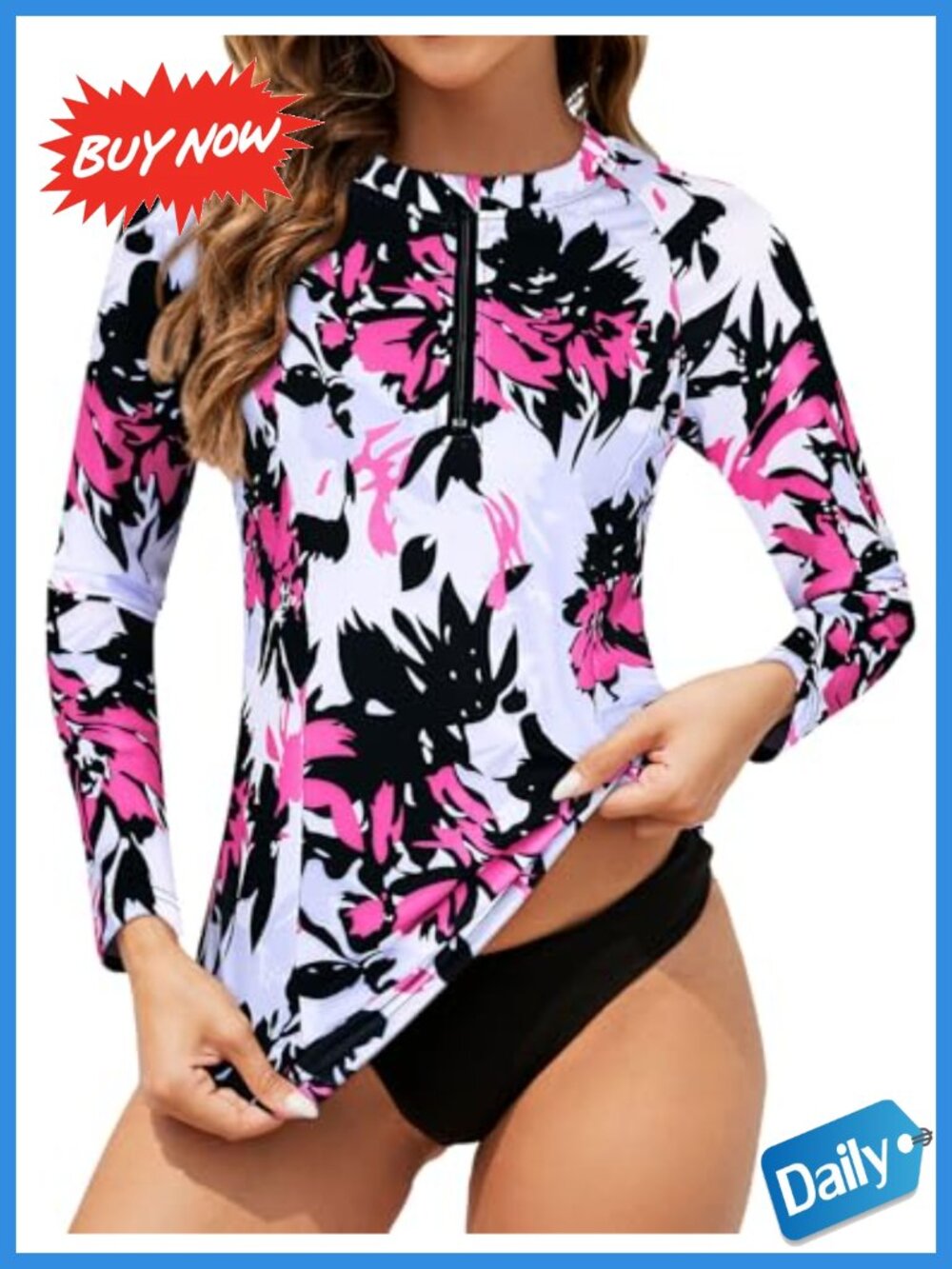 Women's Long Sleeve Rash Guard Swim Top UPF 50+ Zip Floral